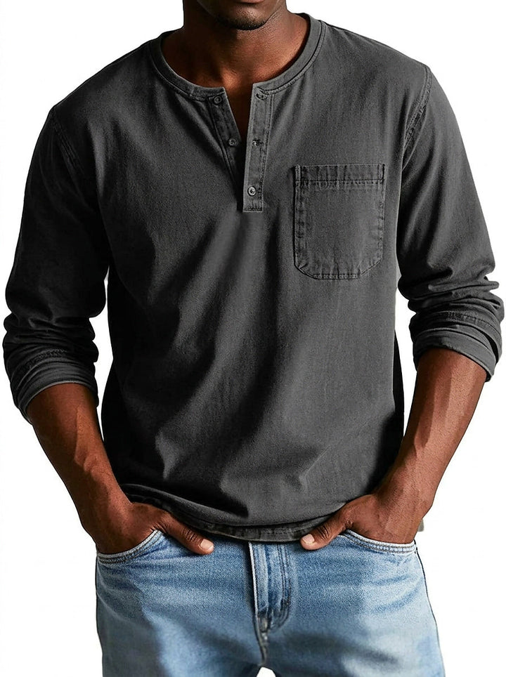 Men's long sleeve henley shirt in dark charcoal gray, another view