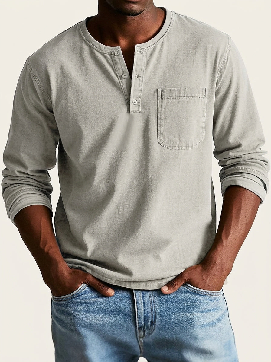 Men's long sleeve henley shirt in pale light gray with chest pocket and placket