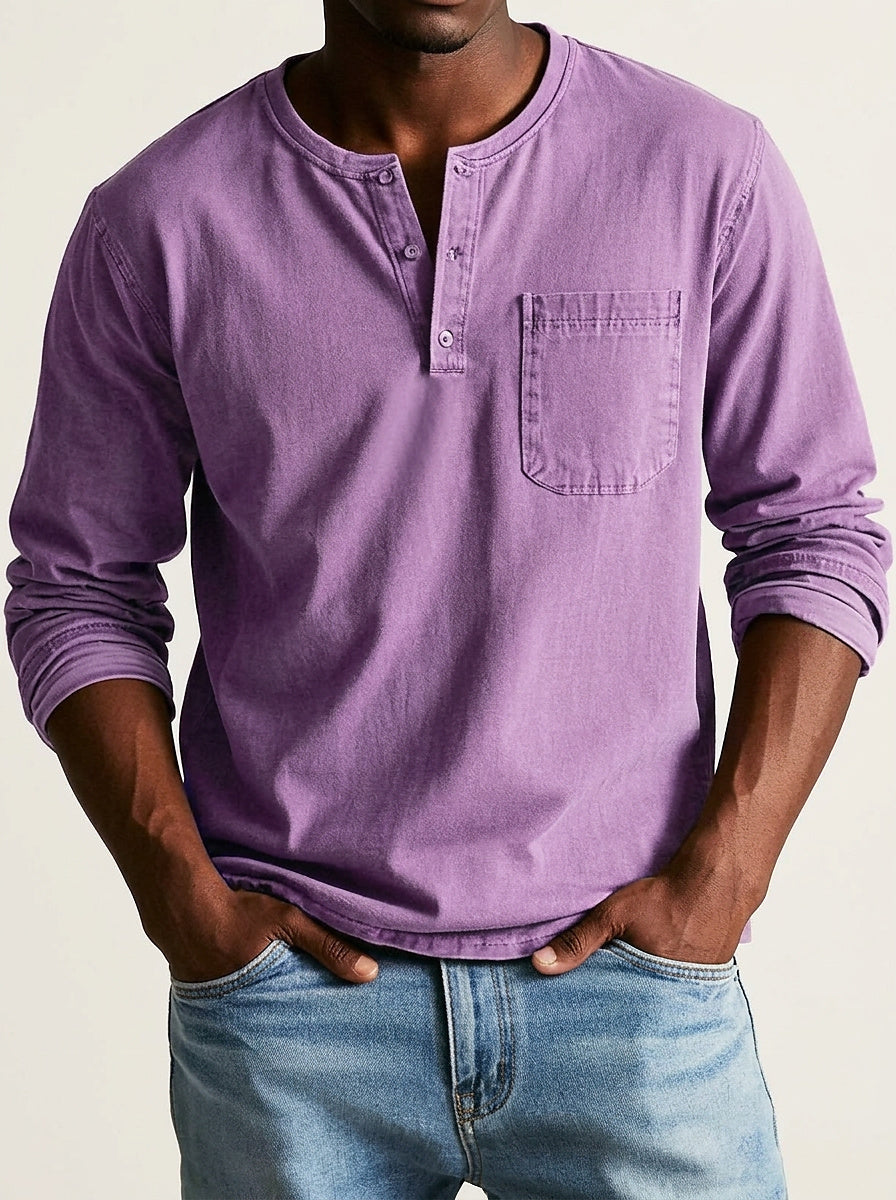 Men's long sleeve henley shirt in bright purple with chest pocket and placket buttons