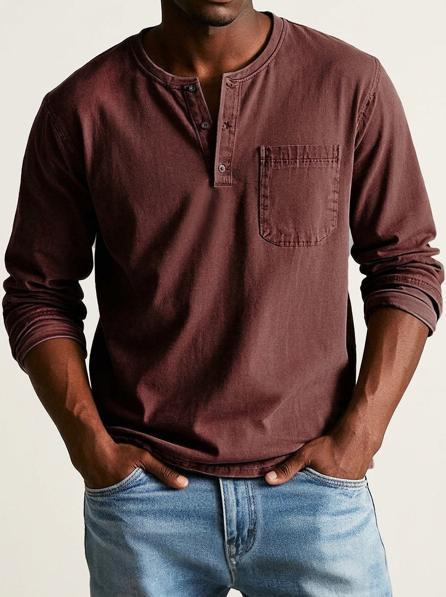 Men's long sleeve henley shirt in dark burgundy brown, another view