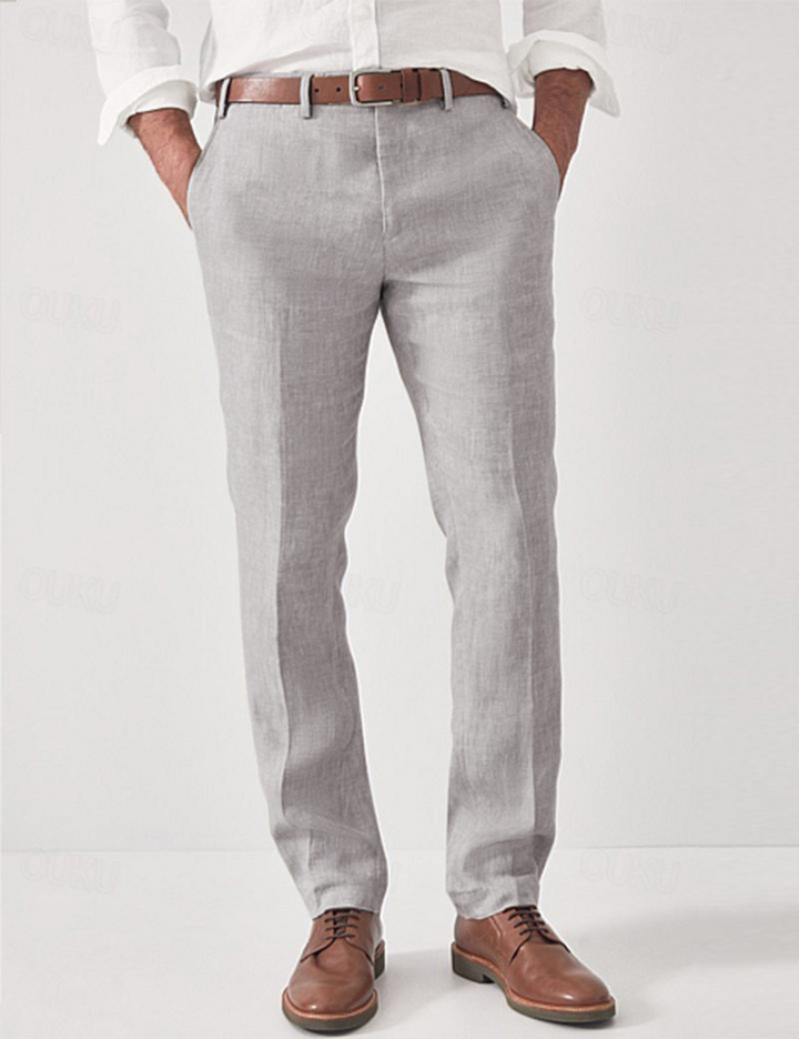 Men's linen pants in light gray with a brown belt, detail