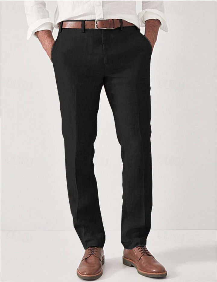 Men's linen pants in black with a brown belt, detail