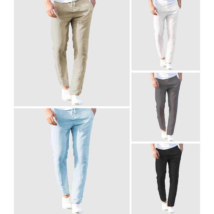 Men's drawstring pants in beige, white, gray, light blue and black, shown in a collage.
