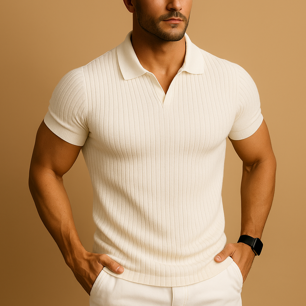 Men's slim fit polo shirt in cream ribbed knit, another view.
