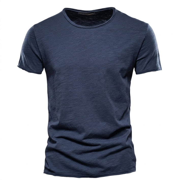 Men's short-sleeve crew neck tee in dark navy blue with slub texture and raw-edge sleeve hems.