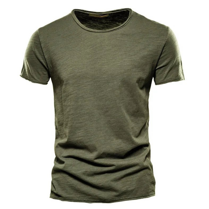 Men's short-sleeve crew neck tee in olive green with streaky slub yarn texture.