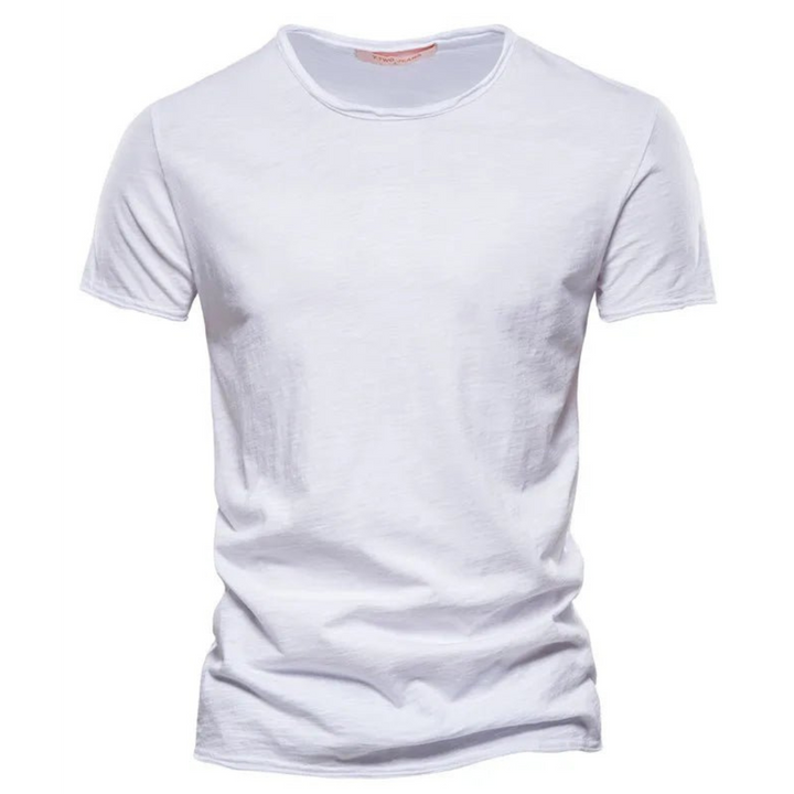 Men's short-sleeve crew neck tee in white with a raw-edge collar and sleeve hems.