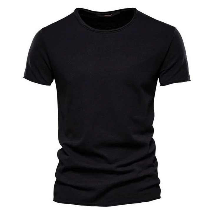 Men's short-sleeve crew neck tee in solid black with raw-edge collar and sleeve hems.
