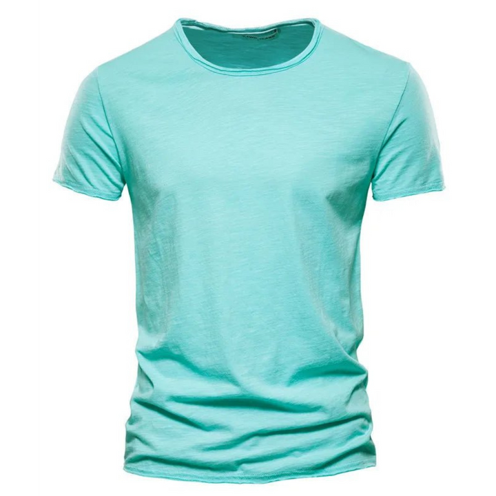 Men's short-sleeve crew neck tee in bright aqua mint with slub texture and raw-edge neckline.