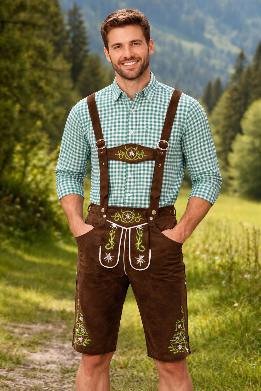 Men's traditional leather lederhosen with suspenders in brown, another view.