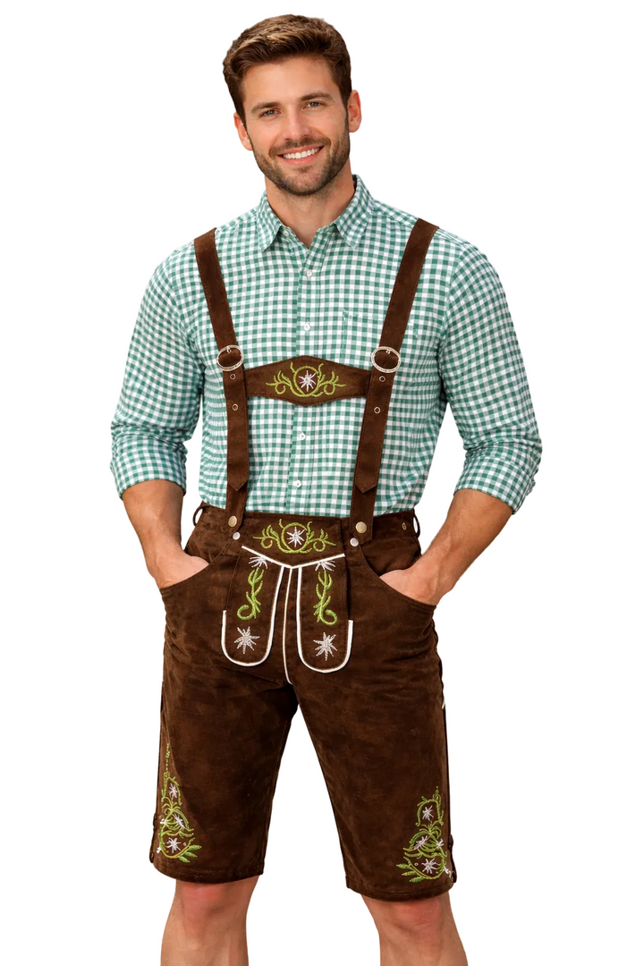 Men's traditional leather lederhosen with suspenders in brown with green embroidered edelweiss and a green gingham shirt.