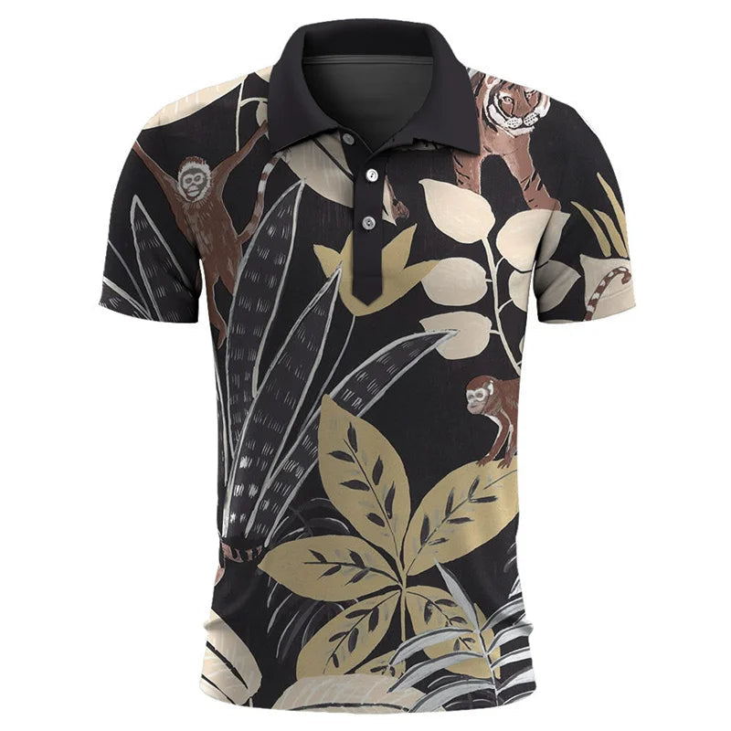 Schwarzes Herren-Poloshirt mit tropischem Tier- und Pflanzenmuster, Kurzarm, Baumwolle.