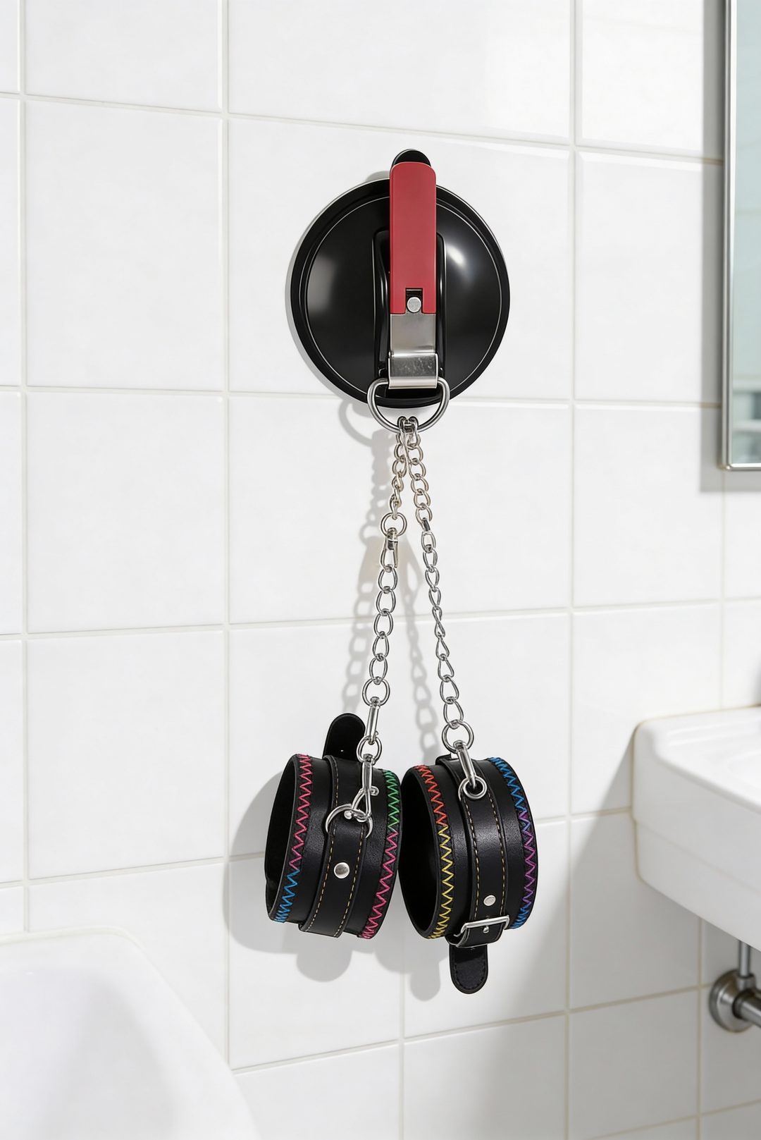 Black cuffs with rainbow zigzag stitching hang by silver chains from a black suction mount on white bathroom wall tiles. 1