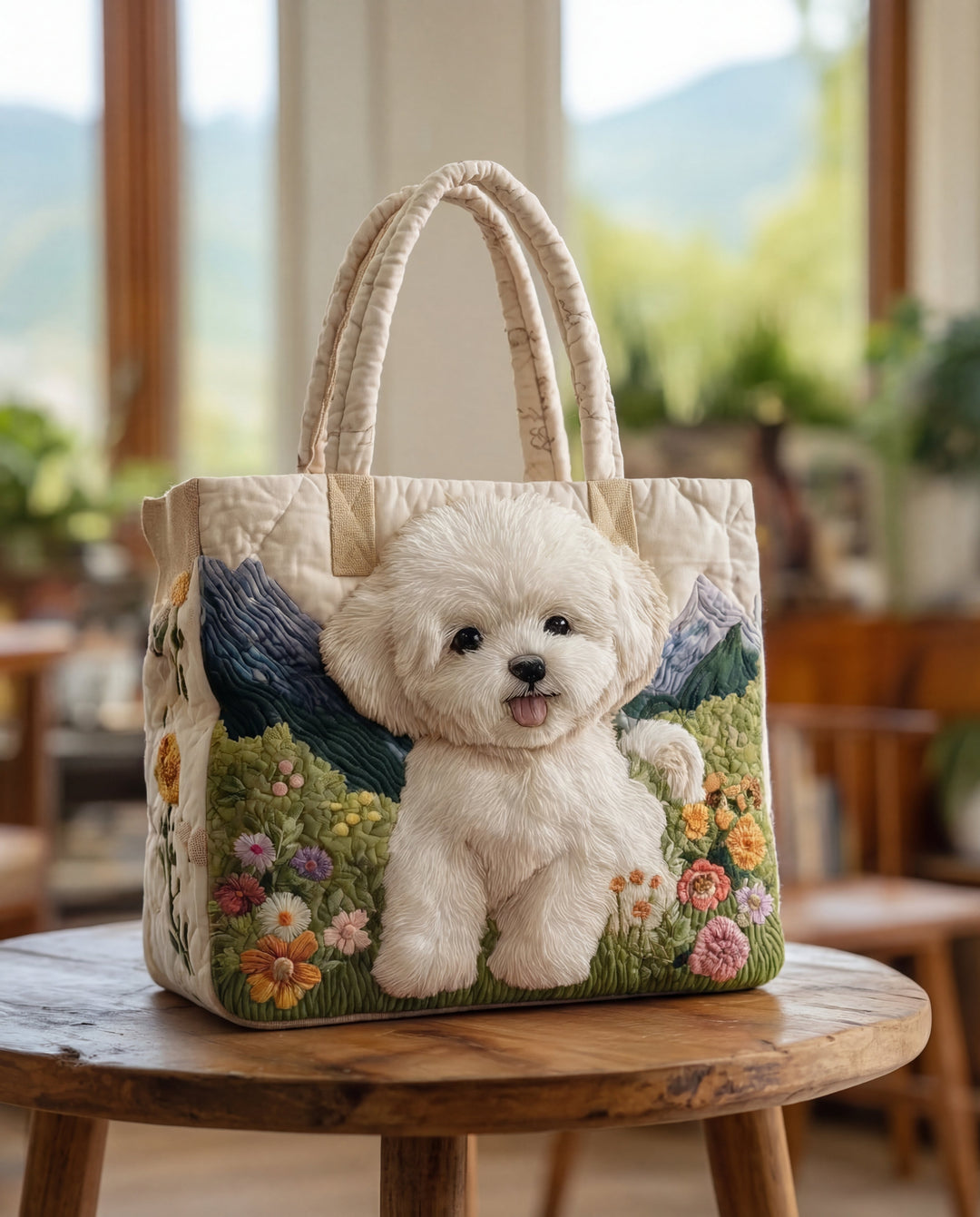 Cream quilted tote with a fluffy white puppy in a flower meadow with mountains, on a wooden stool 1