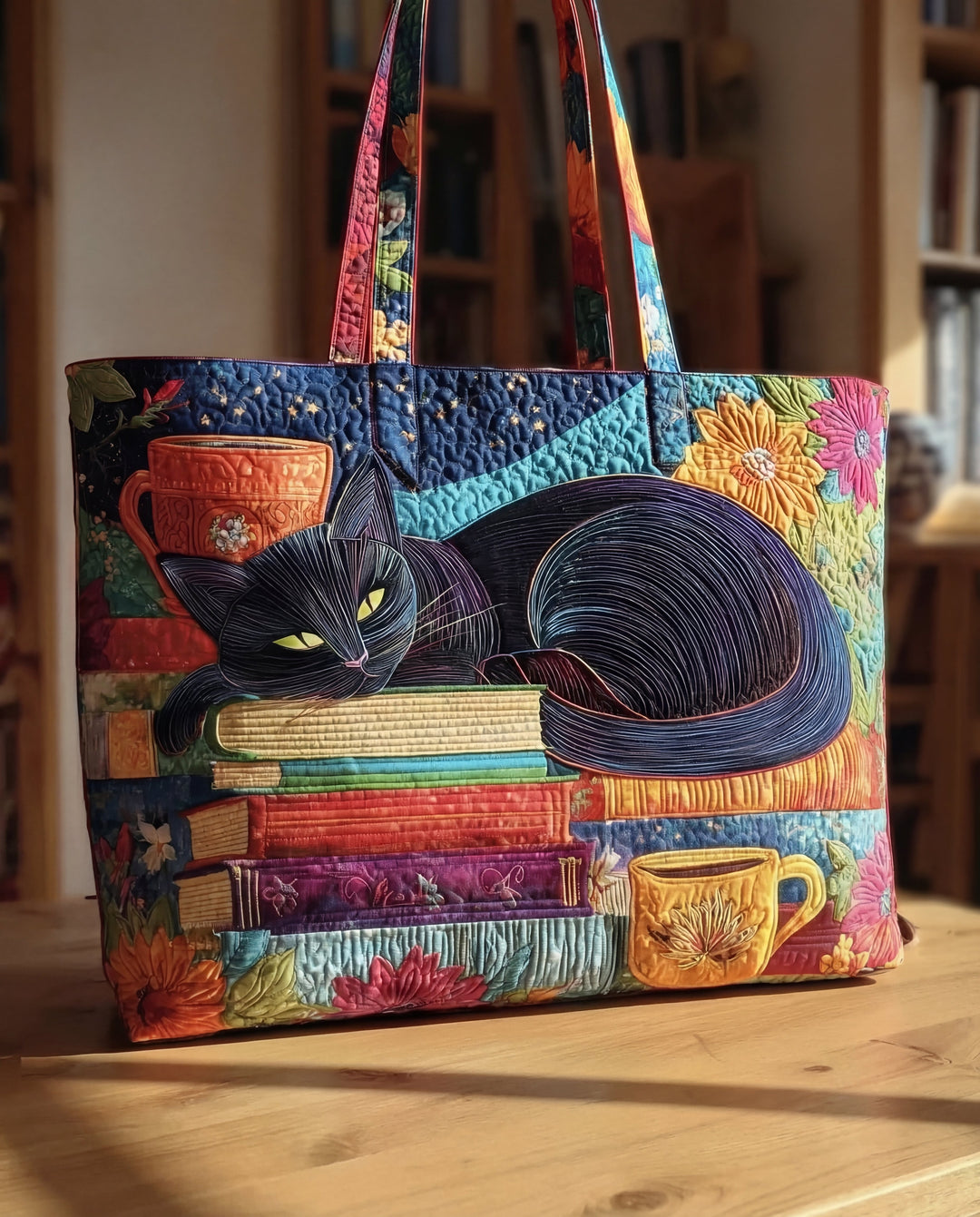 Quilted tote bag with black cat, books, and teacups print in multicolor.