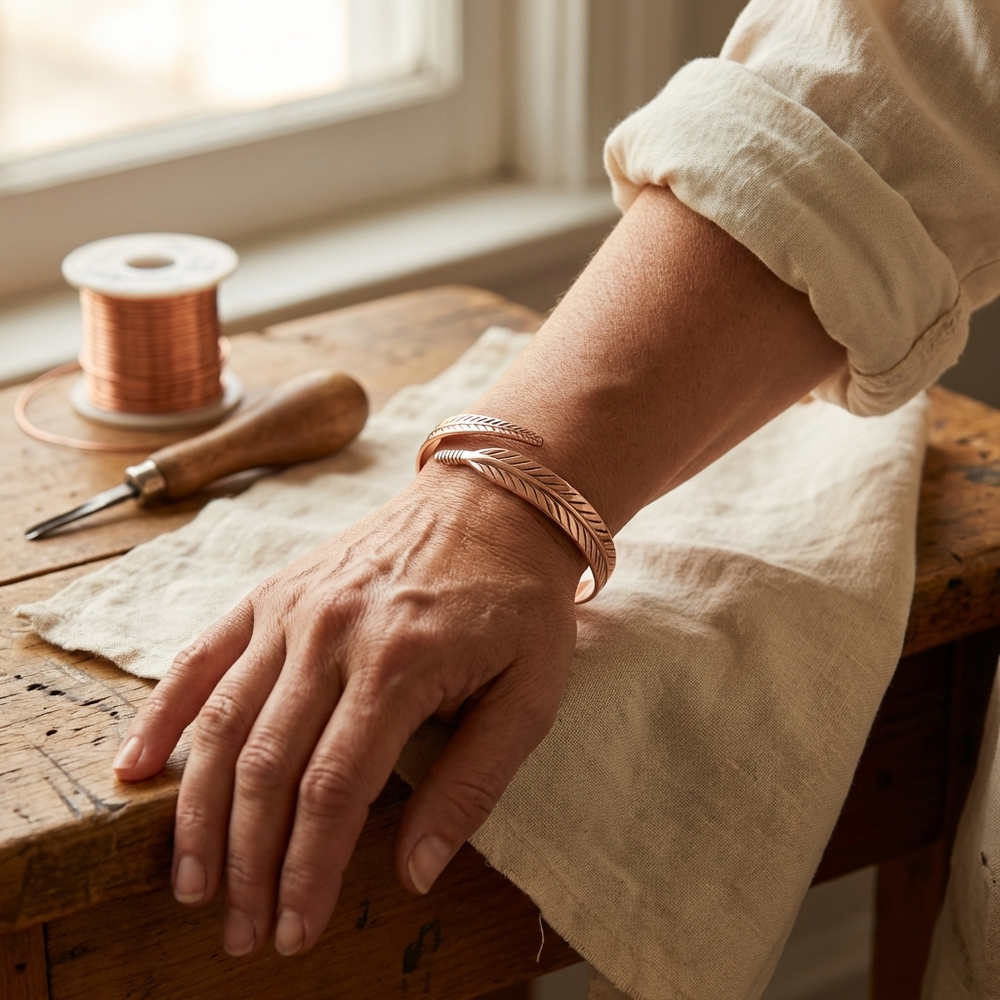 Feather-engraved copper bracelet worn on a wrist, resting on linen near a window and wire spool 2