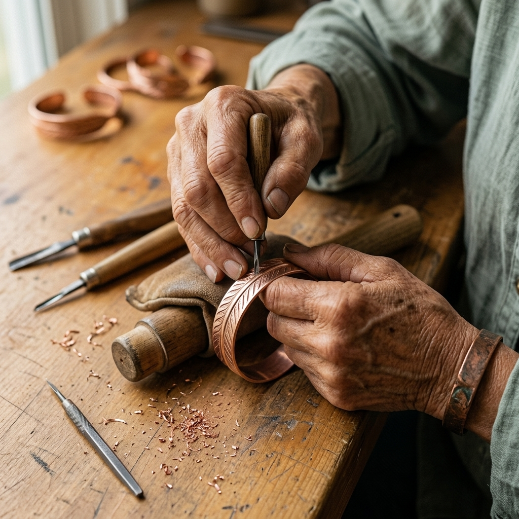 Craftsman's hands engraving a feather pattern into a copper bracelet on a workbench, with copper shavings 4