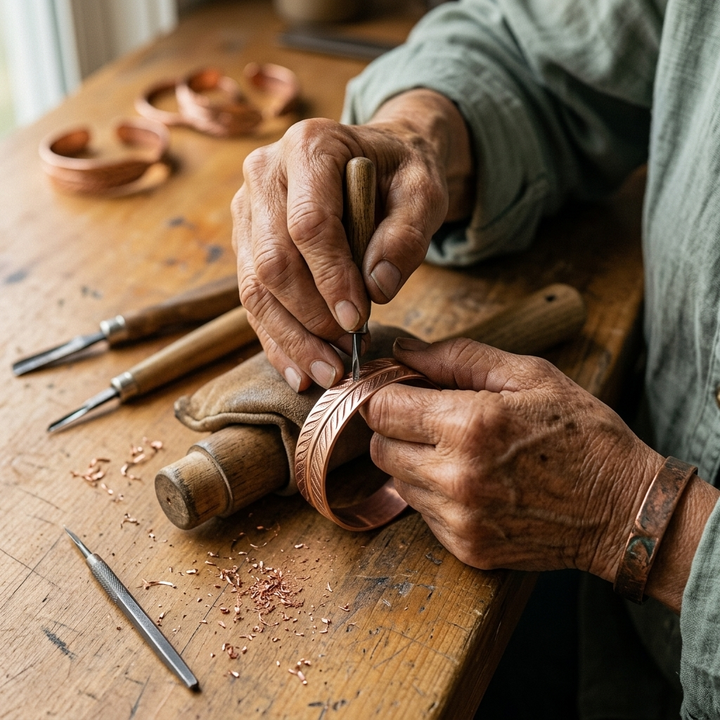 Craftsman's hands engraving a feather pattern into a copper bracelet on a workbench, with copper shavings 4