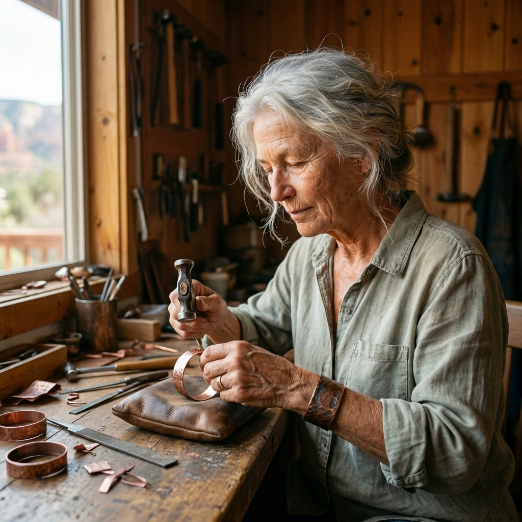Gray-haired artisan shaping a copper band with a small hammer at a workbench full of tools 5