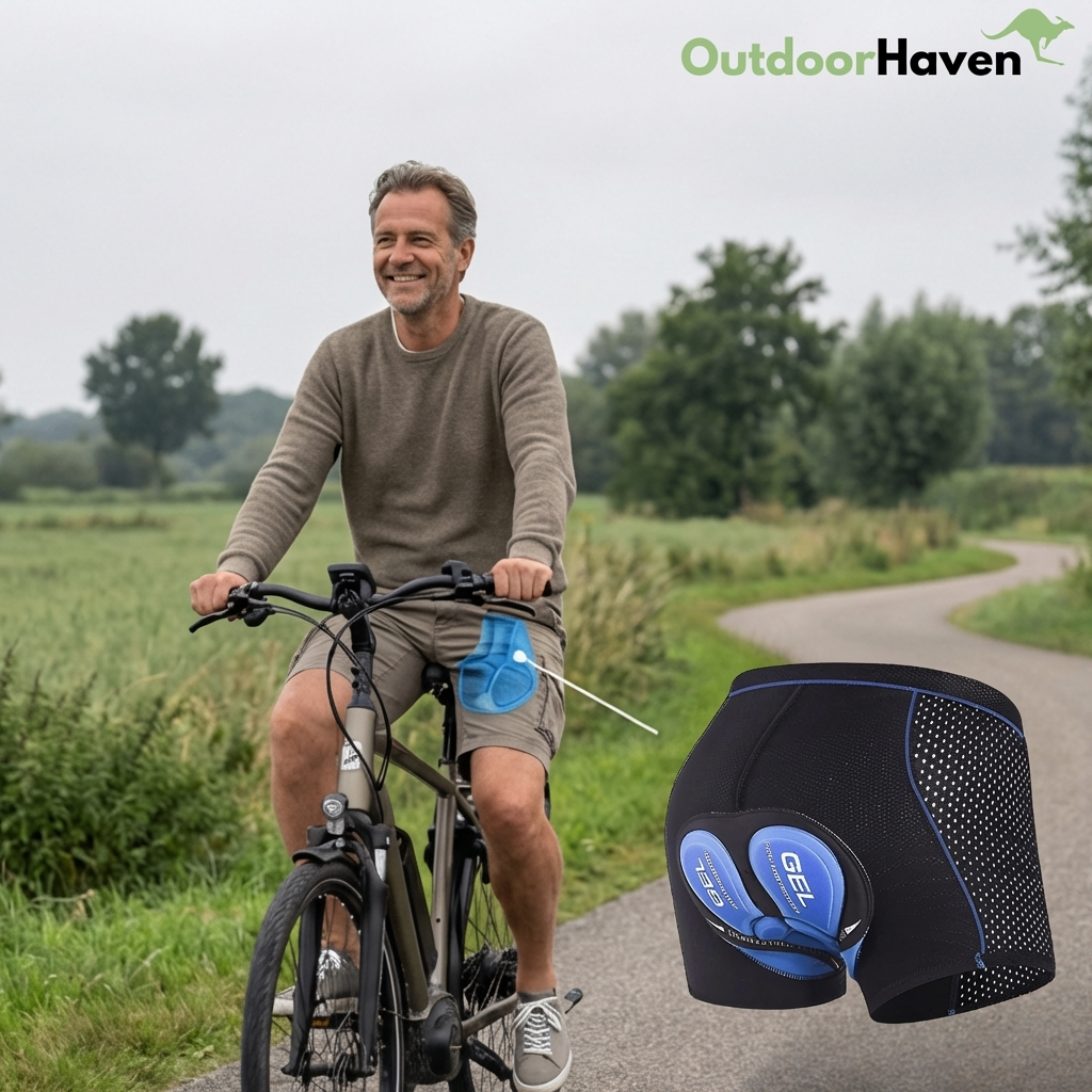 Blue gel-padded cycling undershorts inset on a cyclist riding a bicycle