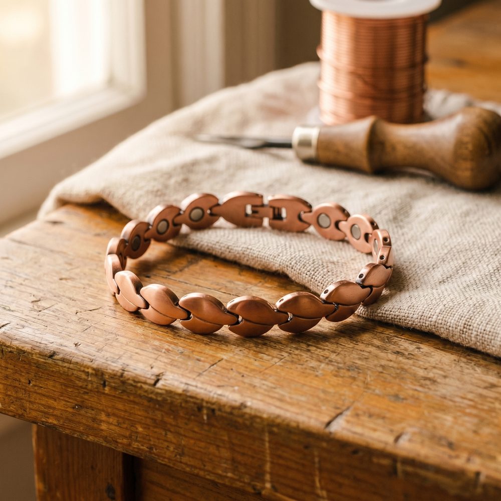 Closed copper anklet lying on a rustic wooden table, showing oval links, small magnets and clasp 2