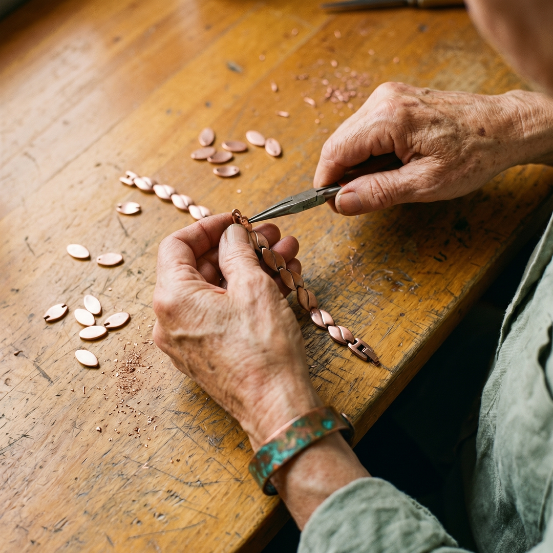 Craftsperson's hands assembling copper oval links with pliers, loose copper pieces scattered across the workbench 3