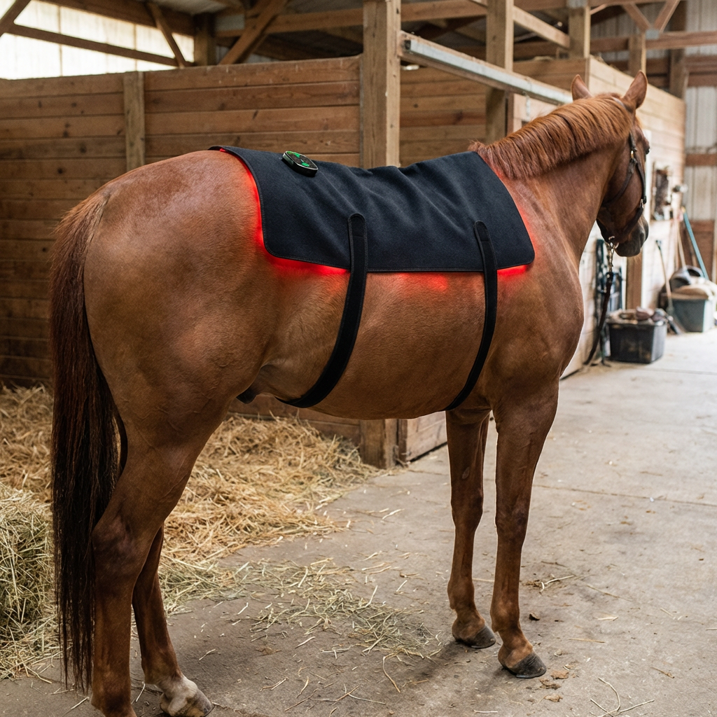 Another view of a chestnut horse wearing the black wrap with girth straps and red glow beneath its edges