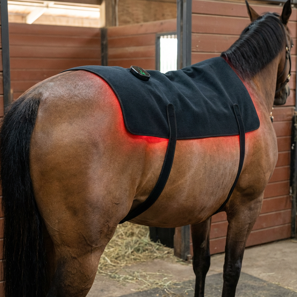 Another view of the black fleece wrap on a horse with a controller and red glow at the edges
