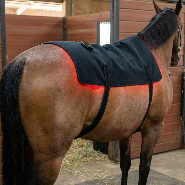 Another view of the black fleece wrap on a horse with a controller and red glow at the edges