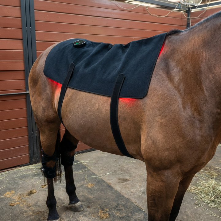 Another view of a brown horse wearing the black wrap with a controller and red glow along the lower edge