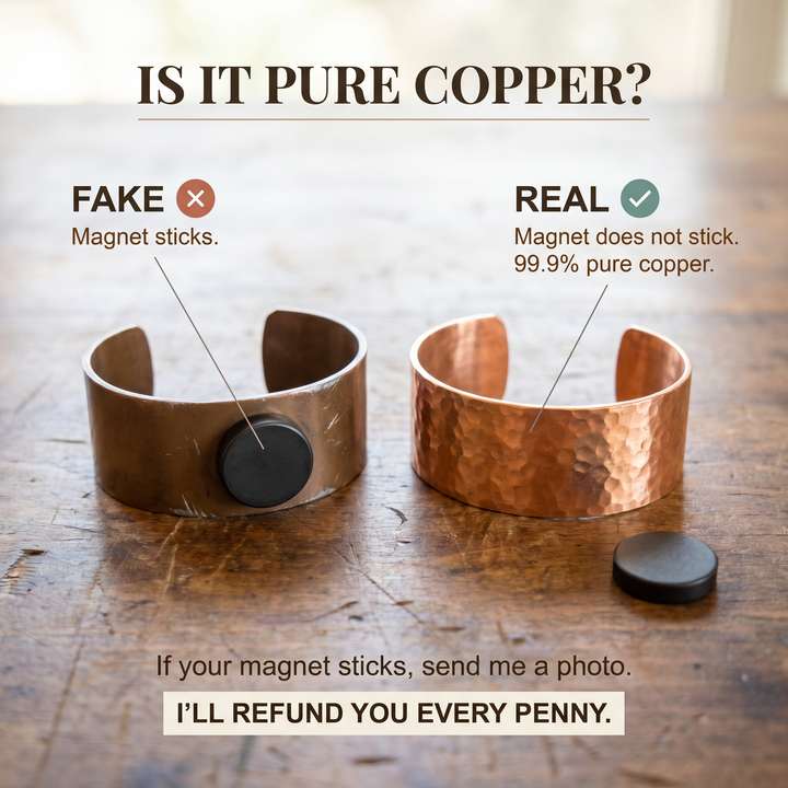 Comparison graphic of a dull copper cuff with a magnet stuck and a hammered copper cuff 3