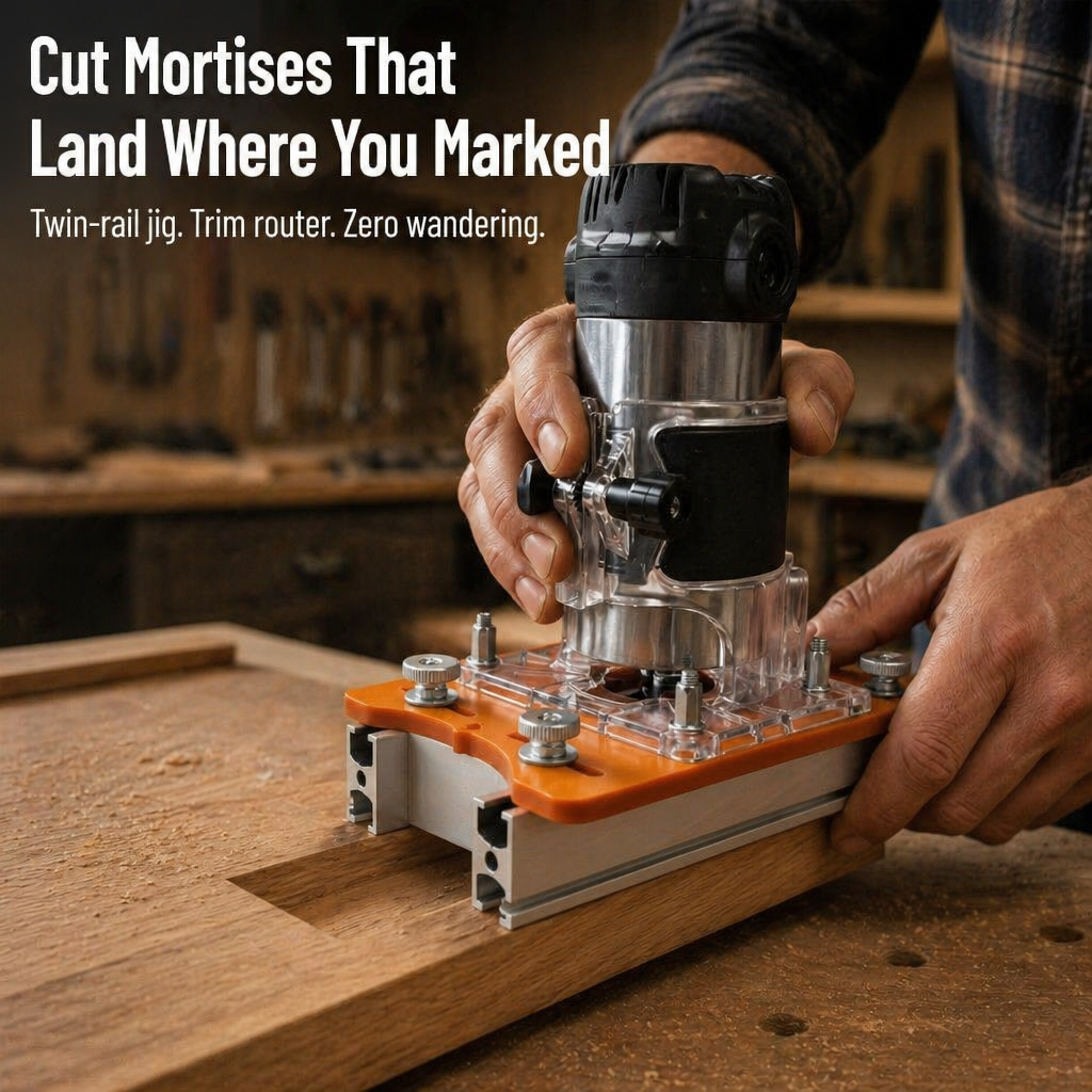 Woodworker's hands guide a trim router on the orange jig along twin aluminum rails clamped to an oak board 1