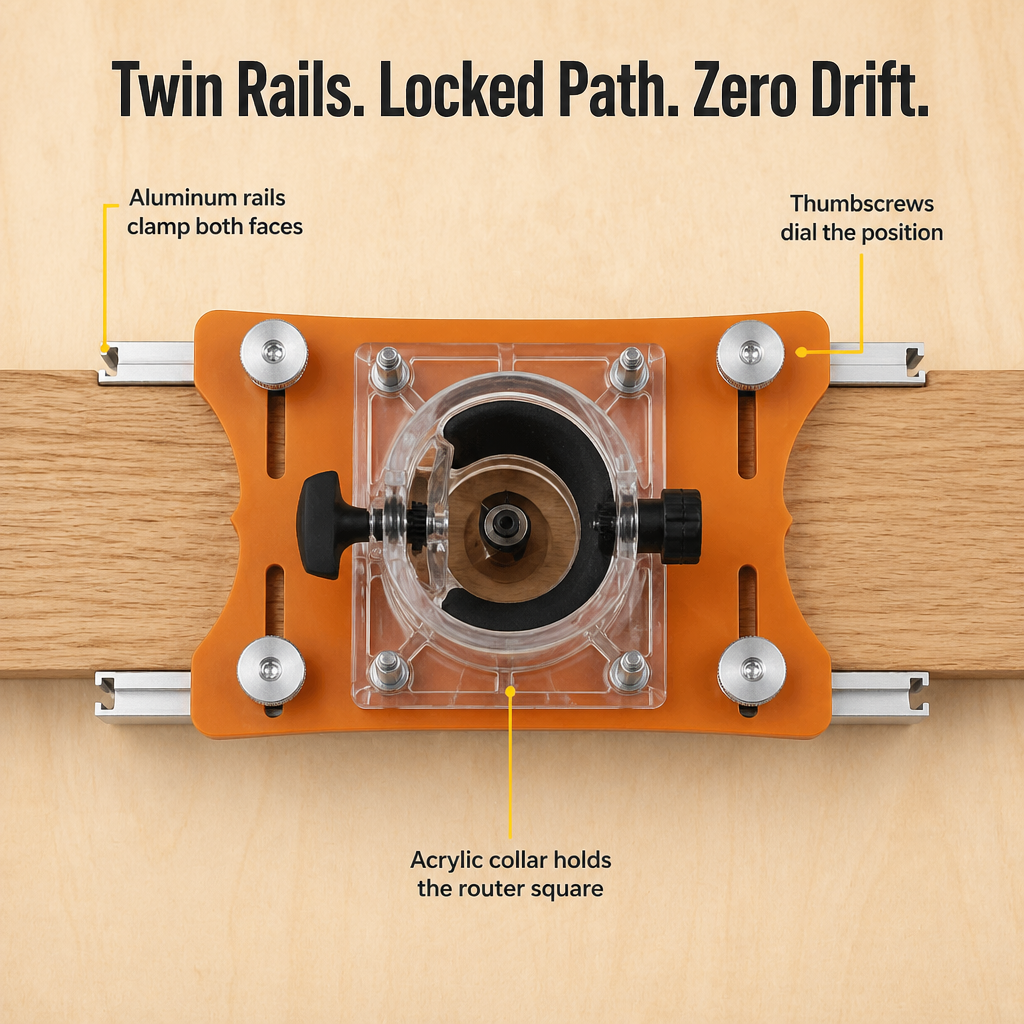Top-down view of the orange jig with clear collar and thumbscrews, rails clamping both faces of an oak board 3