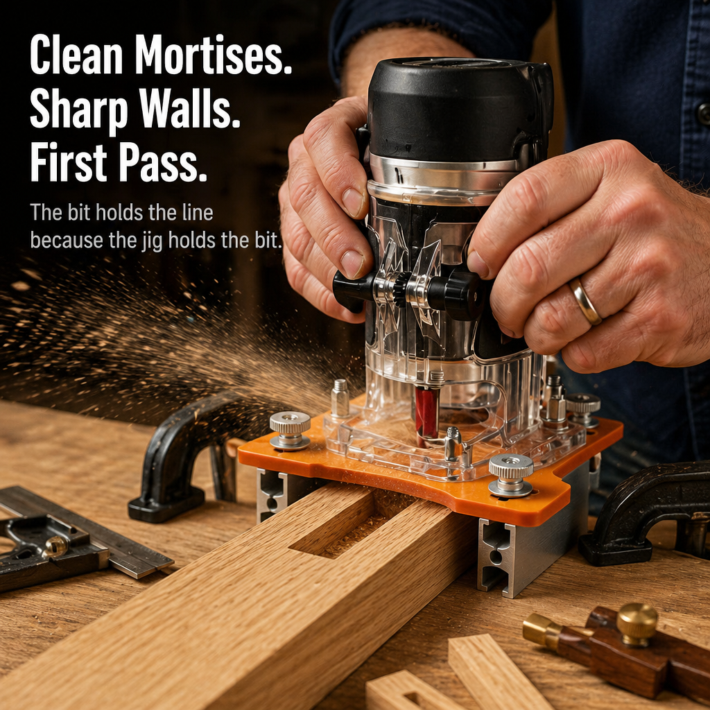 Router cutting a mortise through the jig, wood chips flying, with clamps and marking tools nearby 4