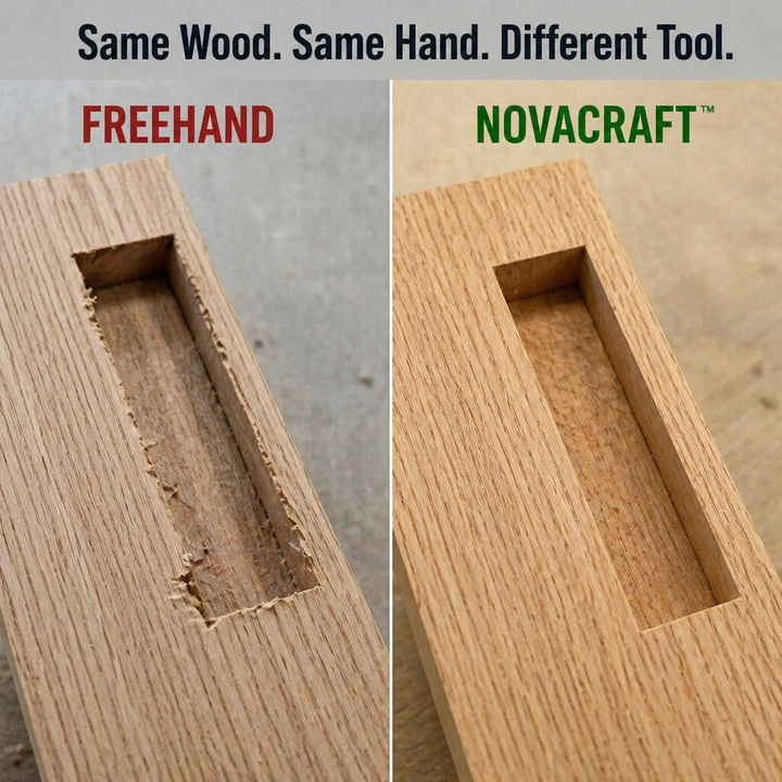 Side-by-side oak mortises: a rough freehand cut on the left, a clean jig-cut mortise on the right 5