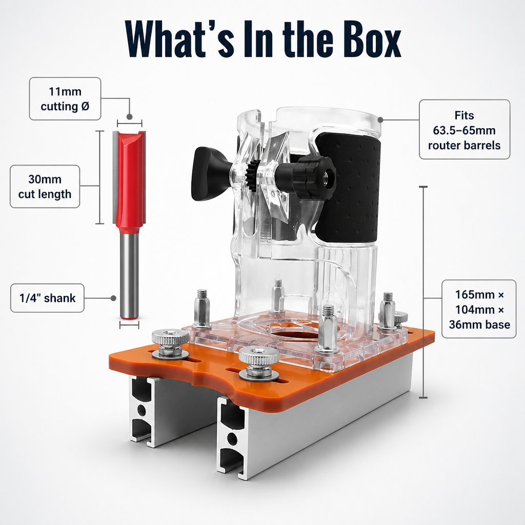 Jig with clear router collar beside a red straight router bit, with dimension callouts for bit and base 7