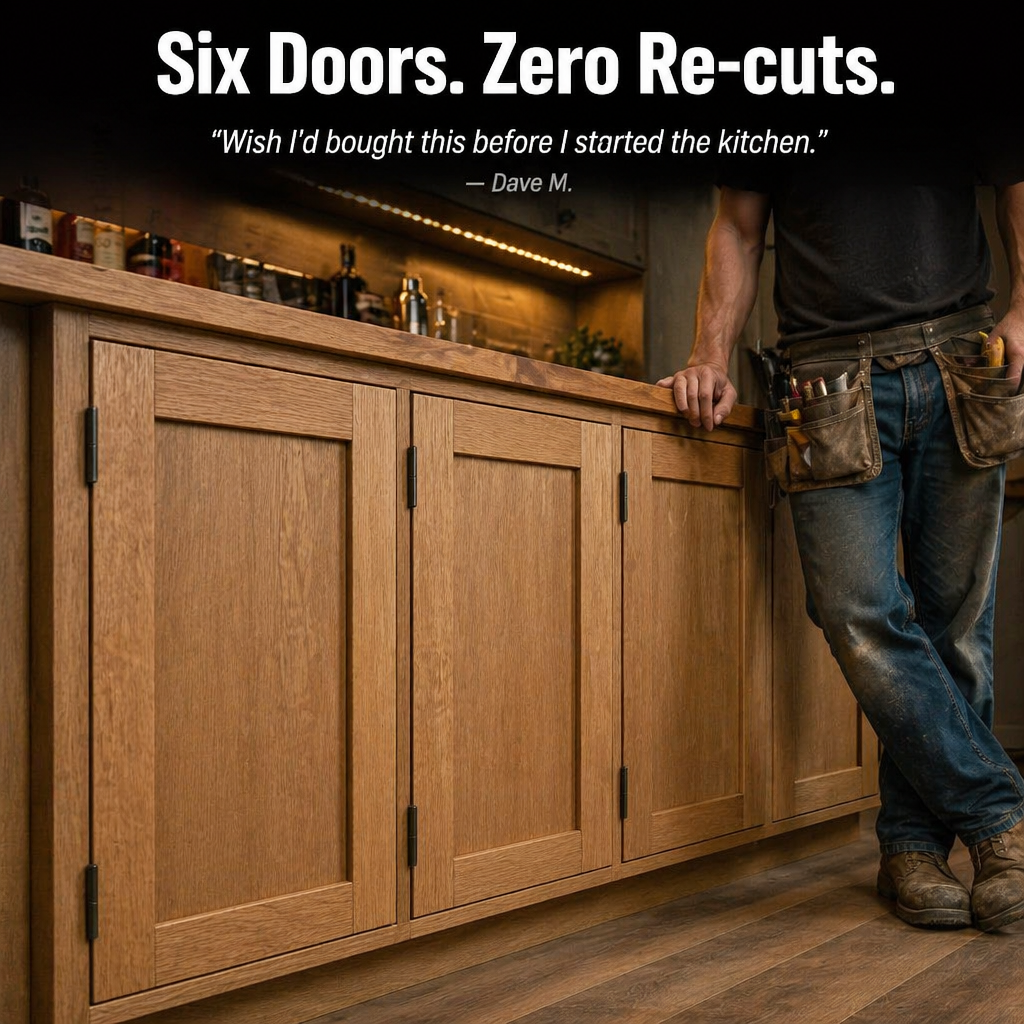 Craftsman in a tool belt leaning on a counter of finished oak shaker-style cabinet doors 8