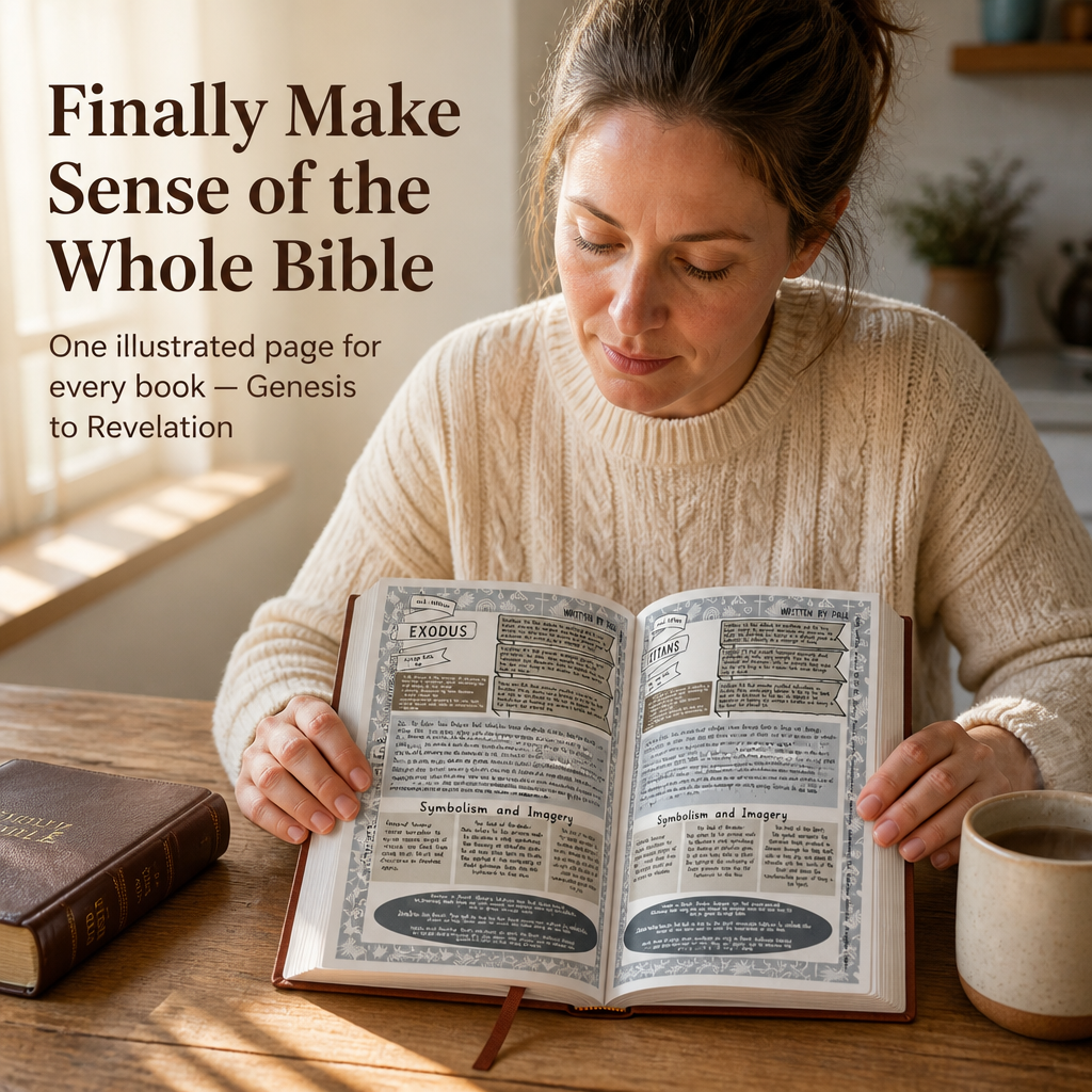Woman in a cream knit sweater reads the open guide at a wooden table, with a dark Bible and a mug nearby.