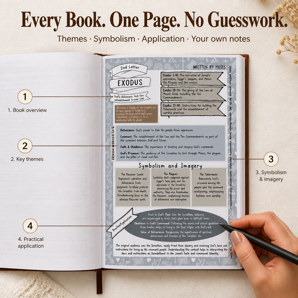 Open guide showing an illustrated book page with an overview, key themes, symbolism panels and a practical application section.