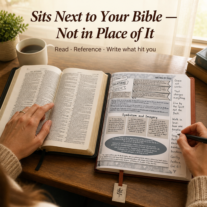 Guide open beside a full Bible on a desk, with handwritten notes in the margin.
