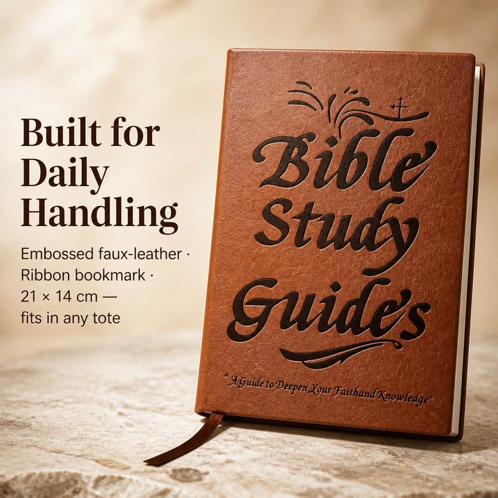 Front cover of the brown embossed faux leather guide standing upright, with a ribbon bookmark hanging from the bottom.