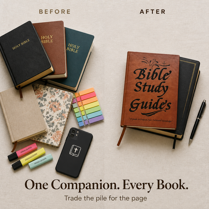 Before-and-after layout contrasting a messy pile of Bibles, notebooks, sticky tabs, highlighters and a phone with the single guide on a Bible.