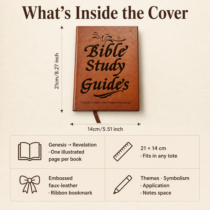 Brown faux leather guide with ribbon bookmark shown flat with its height and width marked, above four icons summarizing contents and features.