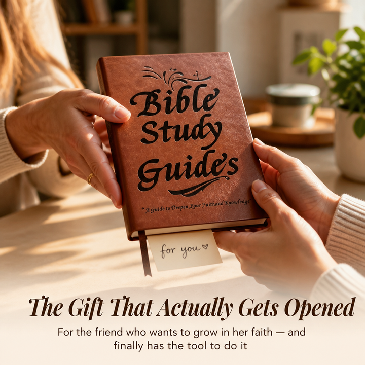 Two hands hold the brown faux leather guide as a gift, with a small handwritten note tucked under the bottom edge.