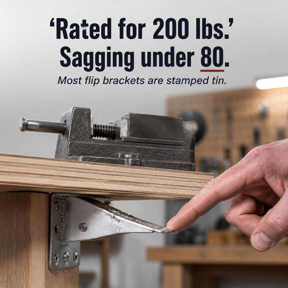 Detail of a black folding bracket under a plywood shelf with a bench vise.