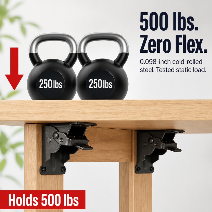 Two black folding brackets supporting kettlebells on a wooden table.
