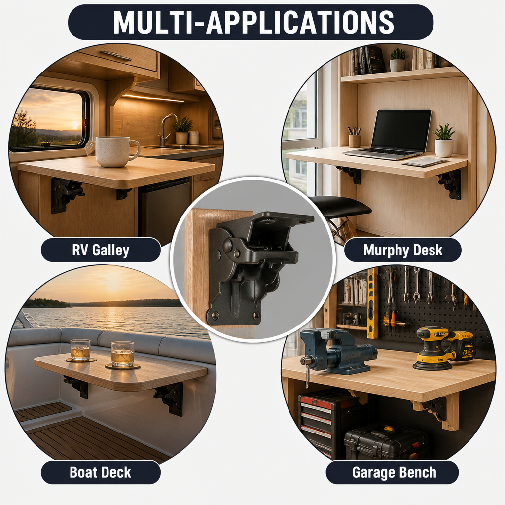 Collage showing the bracket in RV, desk, boat, and garage workbench uses.