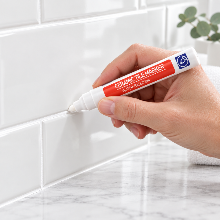 White grout restoration pen held against grout between glossy white subway tiles above a marble countertop.