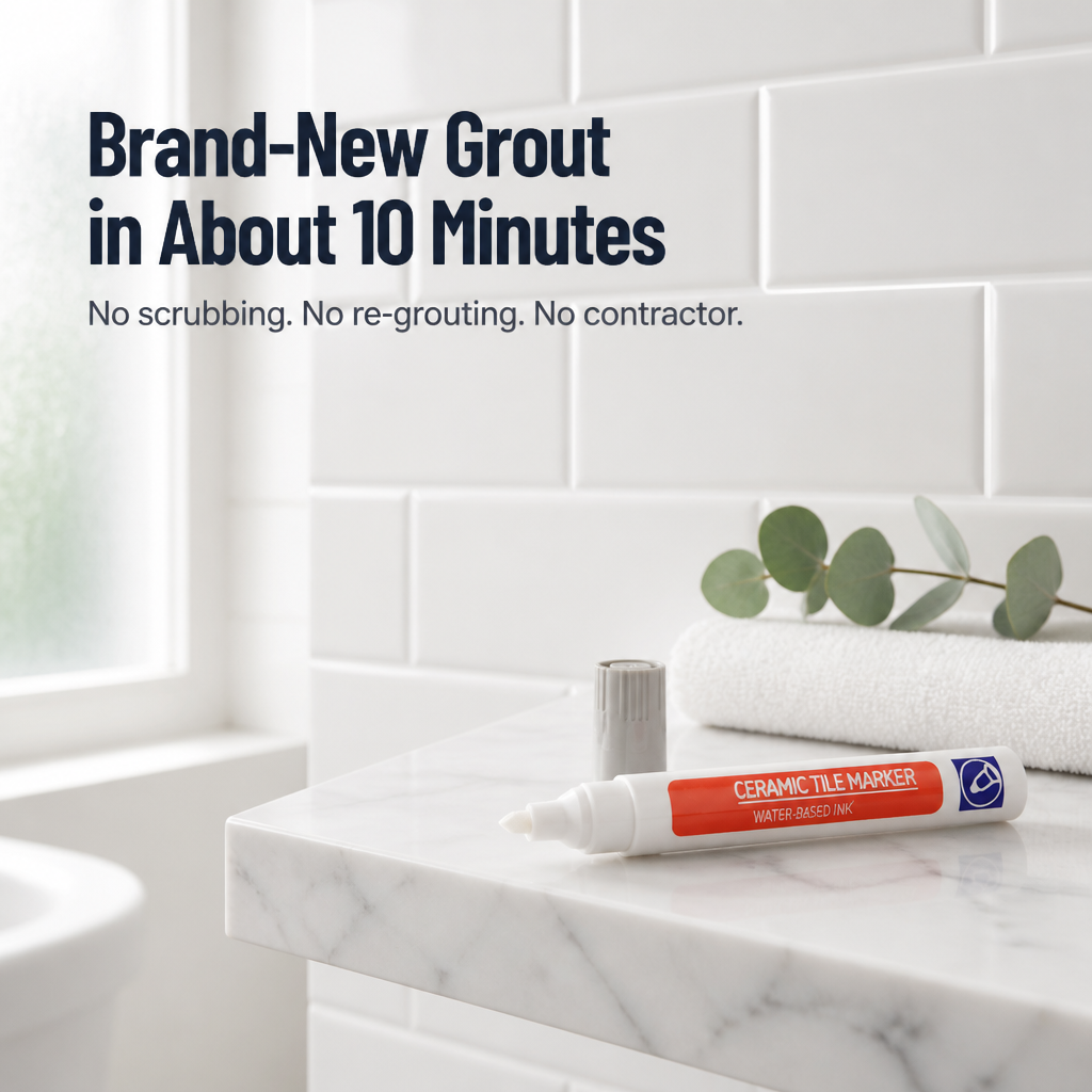 Grout marker with its gray cap on a marble bathroom countertop beside a folded white towel and eucalyptus sprig.