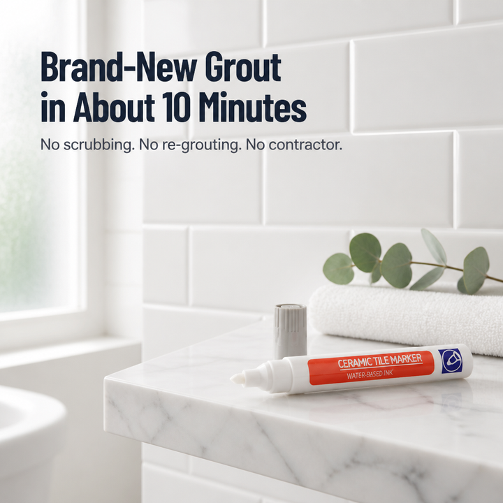 White grout restoration pen on a marble bathroom counter beside a folded towel and eucalyptus sprig.